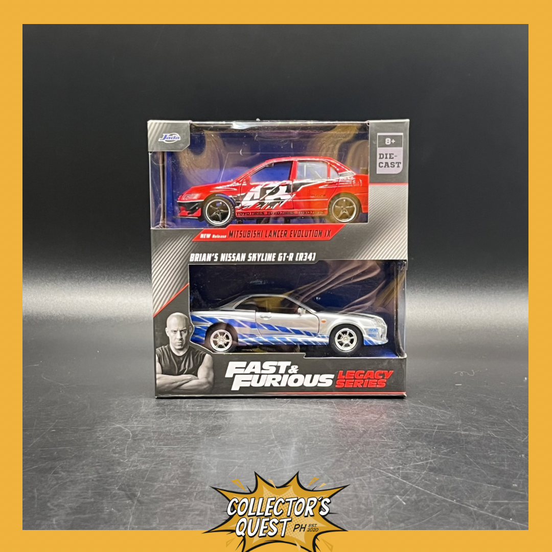 (IN STOCK) 34256 Jada Toys Fast & Furious Legacy Series Twin Pack 1:32 Scale Die Cast Replicas of Brian's Nissan Skyline GT-R (R34) & Mitsubishi Lancer Evolution IX