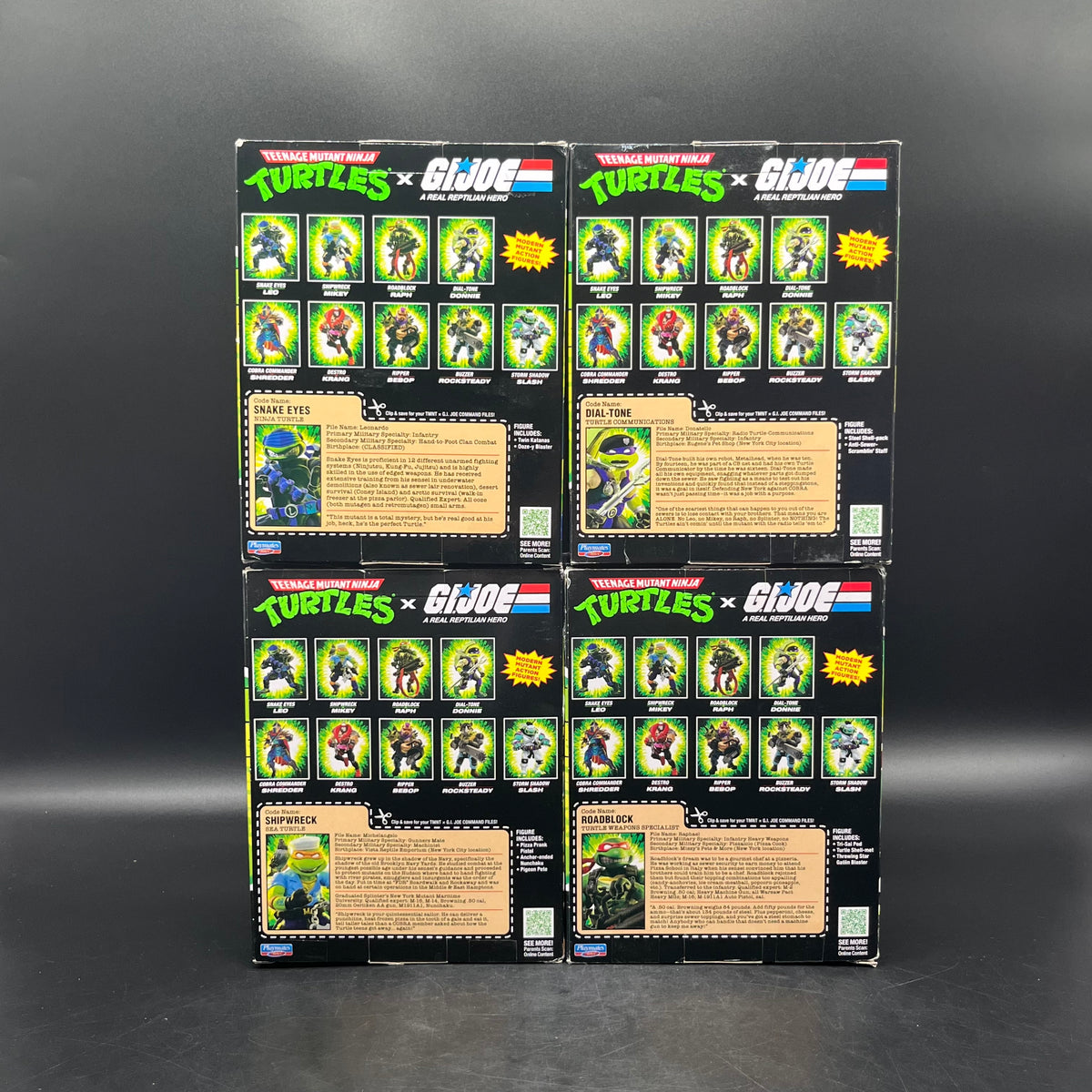 (IN STOCK) Playmates TMNT Teenage Mutant Ninja Turtles x GI Joe: Snake Eyes Leo, Roadblock Raph, Dial-tone Donnie, Shipwreck Mikey Action Figures SET OF 4