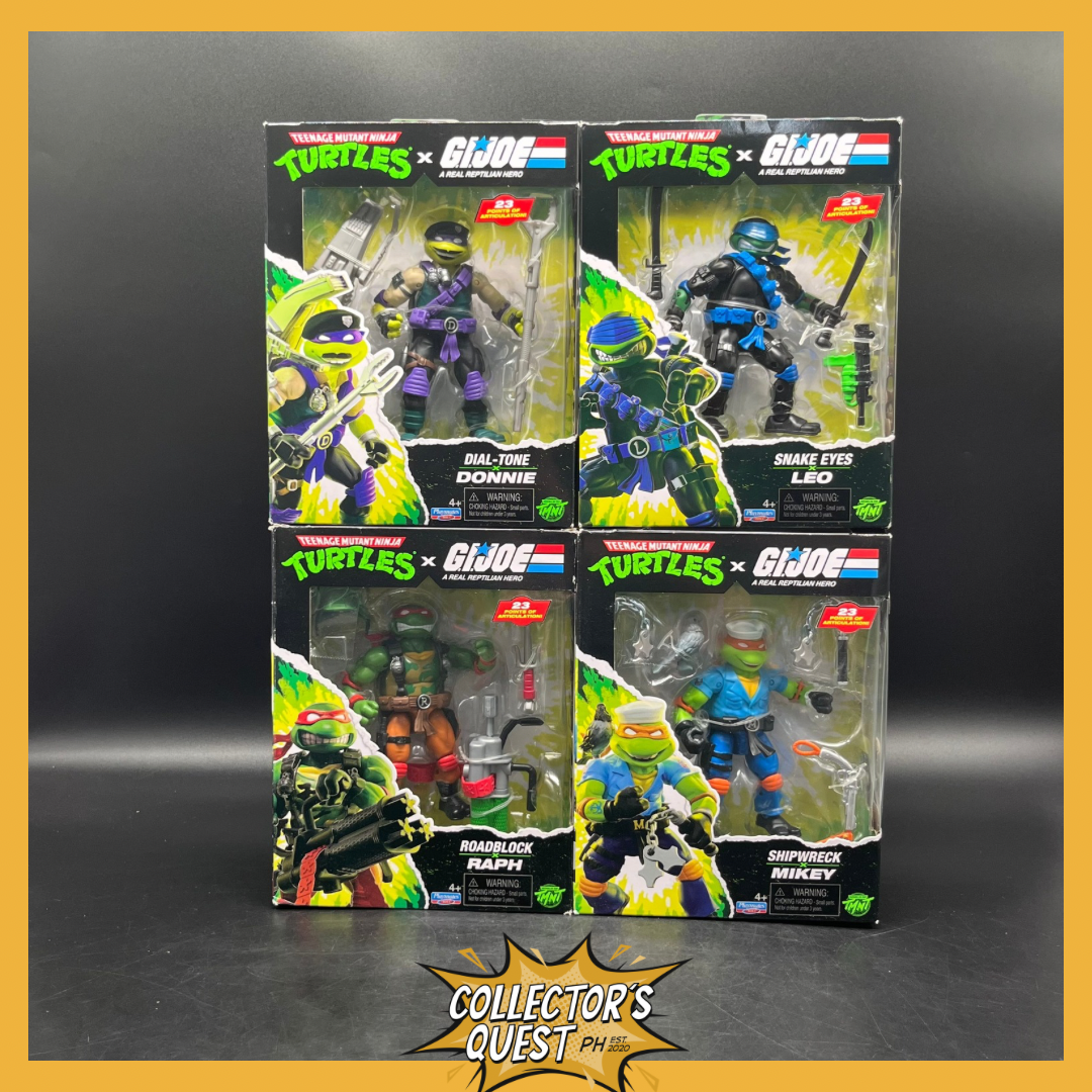 (IN STOCK) Playmates TMNT Teenage Mutant Ninja Turtles x GI Joe: Snake Eyes Leo, Roadblock Raph, Dial-tone Donnie, Shipwreck Mikey Action Figures SET OF 4