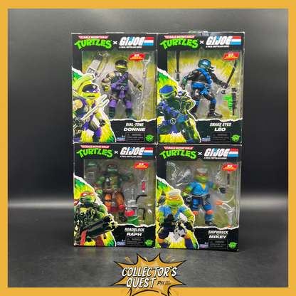 (IN STOCK) Playmates TMNT Teenage Mutant Ninja Turtles x GI Joe: Snake Eyes Leo, Roadblock Raph, Dial-tone Donnie, Shipwreck Mikey Action Figures SET OF 4