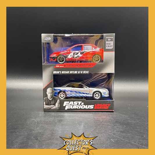 (IN STOCK) 34256 Jada Toys Fast & Furious Legacy Series Twin Pack 1:32 Scale Die Cast Replicas of Brian's Nissan Skyline GT-R (R34) & Mitsubishi Lancer Evolution IX